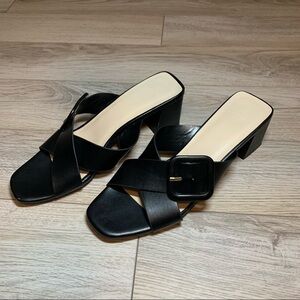 Women’s H by Halston black trendy buckle block sandal heels